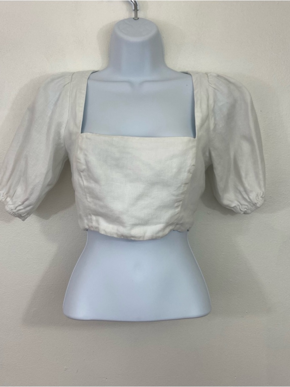 Reformation Yucca Crop Top White Linen Puff Sleeve Square Neck Smocked Sz 0 - Picture 2 of 11